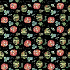 Watercolor seamless autumn pattern with pumpkin and fall leaves on white background