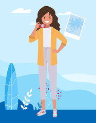 Fototapeta na wymiar A young female tourist is talking on the phone. Vector illustration.