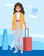 A woman on a trip to a tropical island with palm trees. Vector illustration.