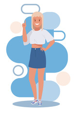 The woman points up with her index finger. Vector illustration.