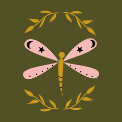 cute elegant vector card illustration with dragonfly and leaves