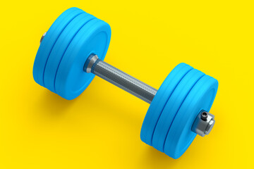 Fototapeta na wymiar Metal dumbbell with blue disks isolated on yellow background