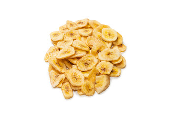Banana chips isolated on a white background. Dehydrated banana.