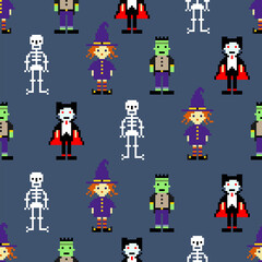 Halloween  seamless pattern in style of eight-bit game. Pixel art. Texture for fabric, wrapping, wallpaper. Decorative print. Vector illustration