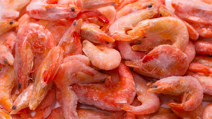 Fresh shrimps in ice. Top view.