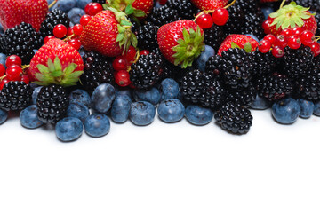 Blackberry, raspberry, blueberry,  red currant and mint background.