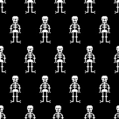 Fototapeta na wymiar Halloween seamless pattern in style of eight-bit game. Skeleton pixel art.Texture for fabric, wrapping, wallpaper. Decorative print.Vector 