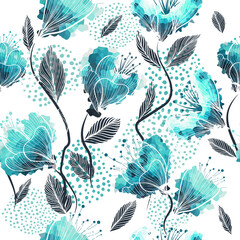 Seamless background. Watercolor blue flowers. Vector illustration