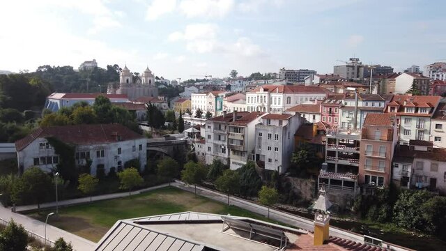 Leiria, Portugal, August 29, 2021: PAN SHOT - Panoramic view of Leiria Lis River and Leiria Museum, Portugal.