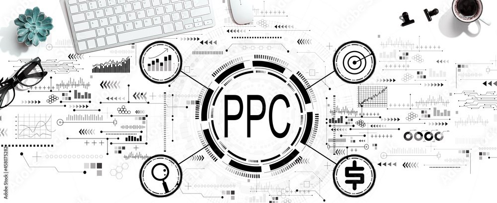 Poster ppc - pay per click concept with a computer keyboard and a mouse