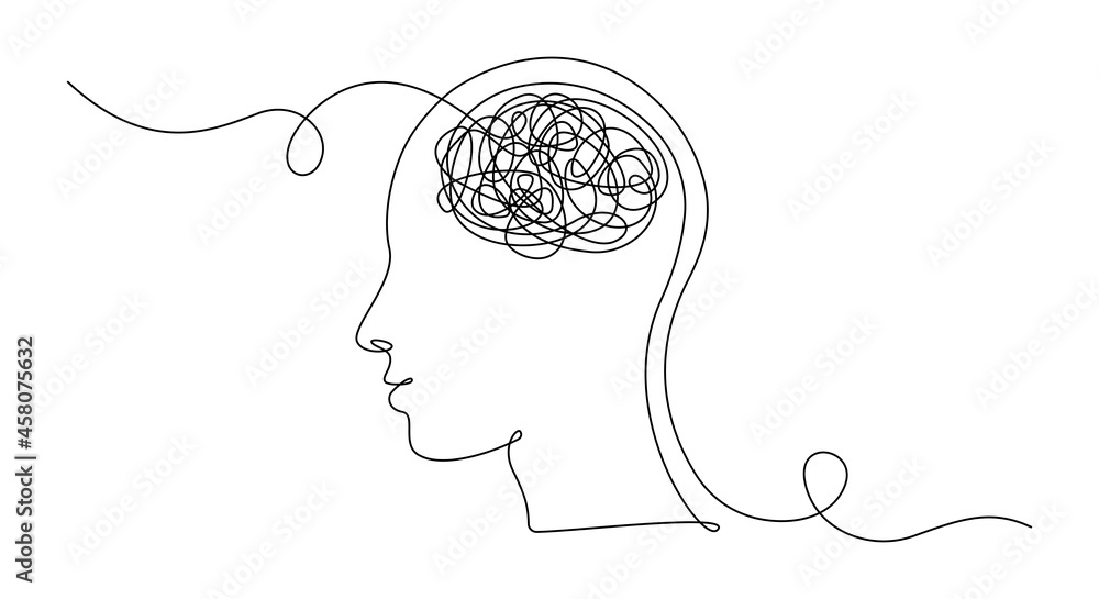 Poster continuous one line drawing of man head with messy thoughts worried about bad mental health. problem