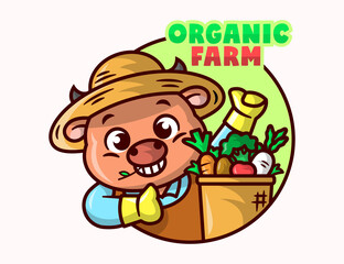 A CUTE COW IS WEARING FARMER CLOTHES AND BRING A BASKET OF VEGETABLES. CARTOON MASCOT.