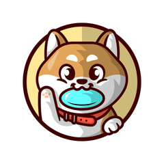 CUTE SHIBA INU IS BITE A FLYING DISC AND GREETING. CARTOON MASCOT LOGO.
