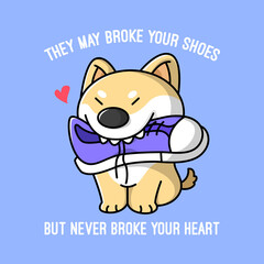 FUNNY SHIBA DOG IS CHEWING A SHOES HIGH QUALITY ILLUSTRATION.