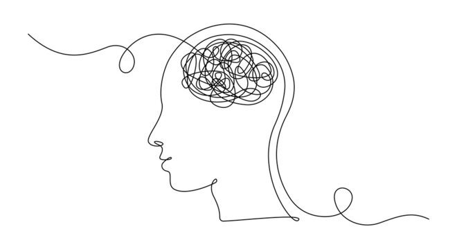 Continuous one line drawing of man head with messy thoughts worried about bad mental health. Problems, stress, headache and grief concept in doodle style. Linear Vector illustration