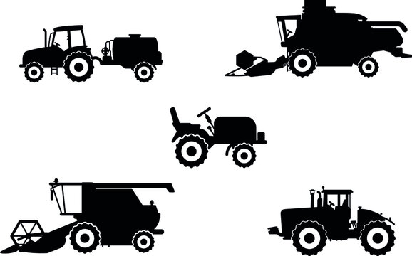 Special machinery, set of construction equipment. Collection of silhouettes of working equipment and cars. Black vector illustration icon.