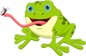 cartoon frog catching mosquito with tongue