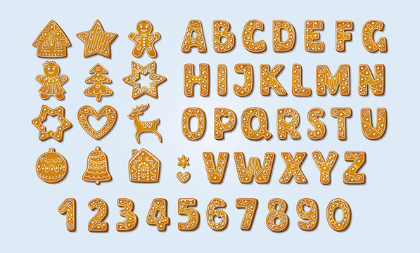 Christmas gingerbread alphabet font and numbers. Winter icing-sugar cookies in shape of gingerbread house and man, tree and reindeer, bell and star, snowflake and heart. Cartoon Vector illustration