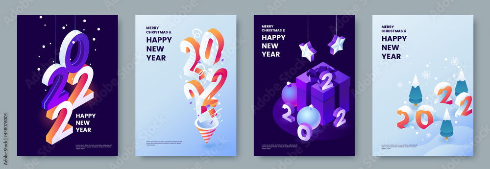 Wall mural happy new year 2022 posters collection in isometric style. greeting card template with isometric gra