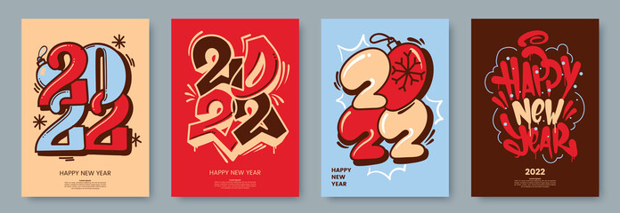 Happy New Year 2022 posters collection in graffiti style. Greeting card template with hand drawn typography. Creative concept for banner, flyer, cover, social media. Vector illustration.