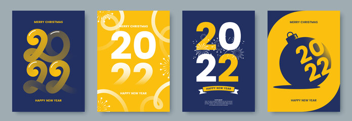 Happy New Year 2022 greeting card collection. Posters template with minimalistic graphics and typography. Creative concept for banner, flyer, branding, cover, social media. Vector illustration.