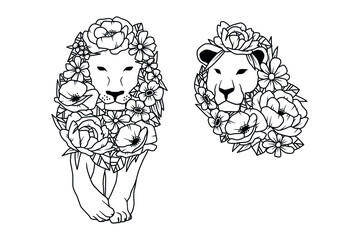 Obraz premium Vector doodle coloring book page cute lion in flowers. Antistress for adults and children