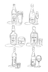 Bottle and glass beer, champagne, whiskey, tequila, vodka, wine together in hand drawn style. Restaurant beverage outline icon. Line art sketch. Black contour object on white background
