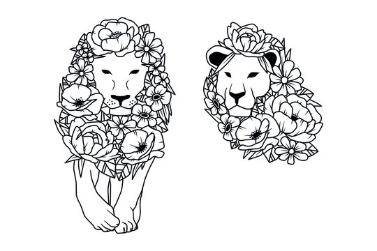 Vector doodle coloring book page cute lion in flowers. Antistress for adults and children