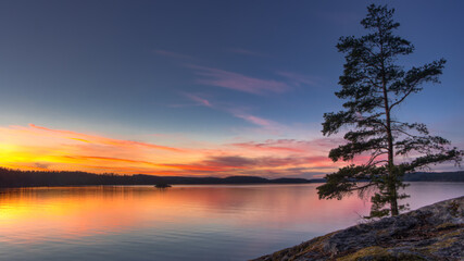 Sunset over lake Lelang in West Sweden