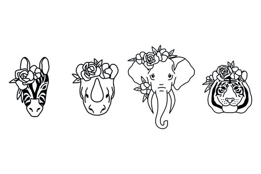 Animals head is flowered, Lush bright wreath on a animals head, Symbol of India, Vector illustration of hand draw, Feshin symbol of the new year.