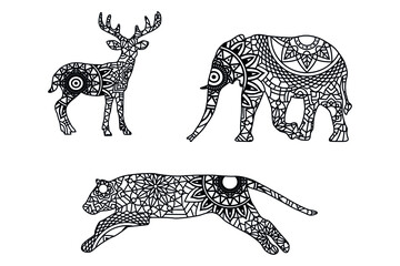 Animals zentangle stylized, vector, illustration, freehand pencil, hand drawn, pattern. Zen art. Black and white illustration on white background.