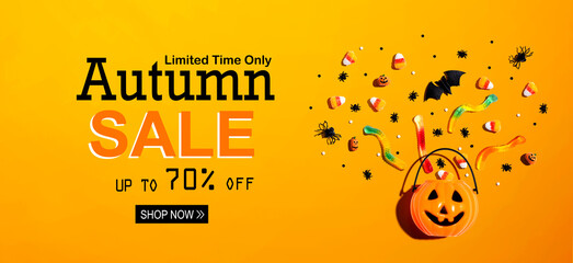 Autumn sale banner with Halloween pumpkin and decorations