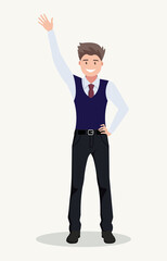 A young, happy businessman shows a hand gesture - everything is in order. Vector illustration.
