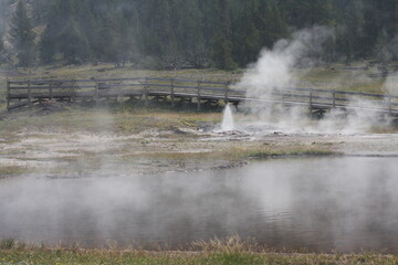 Geyser erupting with forest, lake and bridge