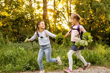 schoolgirls among the autumn landscape.