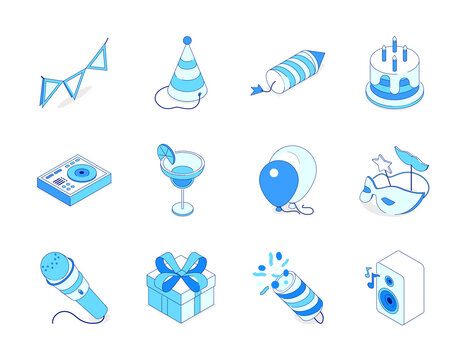 Birthday party - modern line isometric icons set
