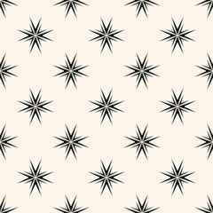 Vector modern geo floral ornament. Simple seamless pattern with small flower silhouettes, stars. Abstract minimal geometric texture. Black, white background. Design used for wallpaper, wrapping