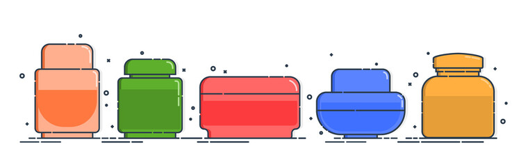 Cosmetic container. Body care hygiene. Blank package bottle. Five plastic makeup jar product. Color beauty medicine package. Oil, gel, shampoo. Treatment mockup design. Outline object