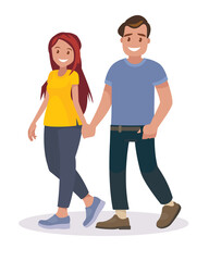 Couple of young people. Man and woman hold hands on a white background.