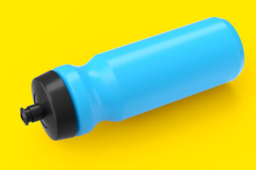 Blue plastic sport shaker for protein drink isolated on yellow background.