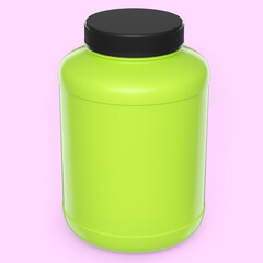 Green plastic jar for sport nutrition whey protein powder isolated on pink