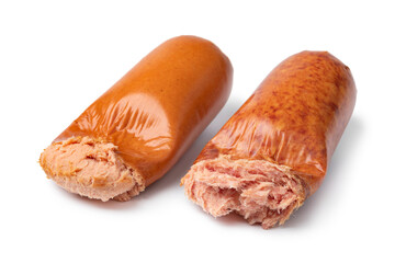 Traditional German coarse and fine Teewurst open in plastic close up isolated on white background 