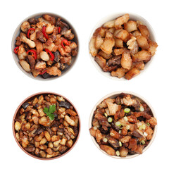 Set with tasty fried cracklings on white background, top view. Cooked pork lard