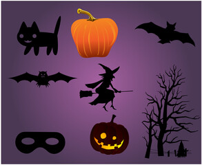 Abstract Happy Halloween Holiday Vector Objects Cat Bat and Ghost