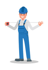 A man is a construction worker in overalls in the workplace with a tool in his hands.