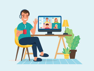 Online meeting via group call. Man talking to friends in video conference. Vector illustration.