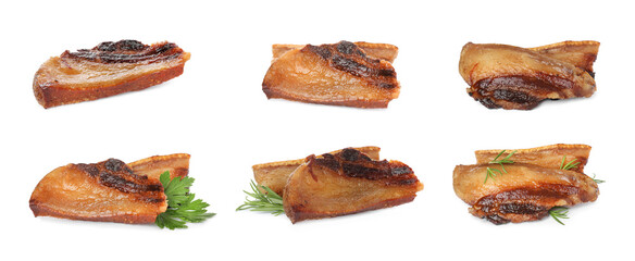 Set with tasty fried pork lard on white background. Banner design