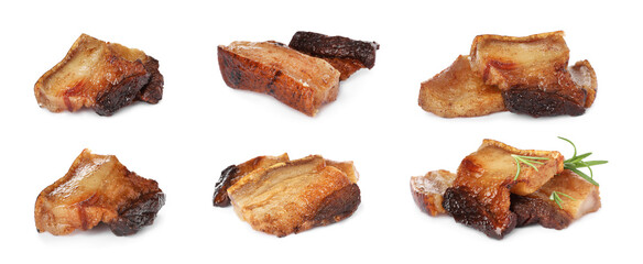 Set with tasty fried pork lard on white background. Banner design