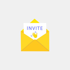 Open letter of invitation isolated on gray background. Letter, envelope, welcome sign, text. Receive mail icon. Vector illustration in cartoon style.