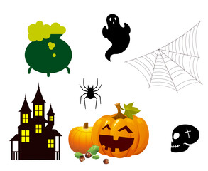 Abstract Objects Happy Halloween 31 October with Pumpkin Orange Housse Ghost and Spider Vector